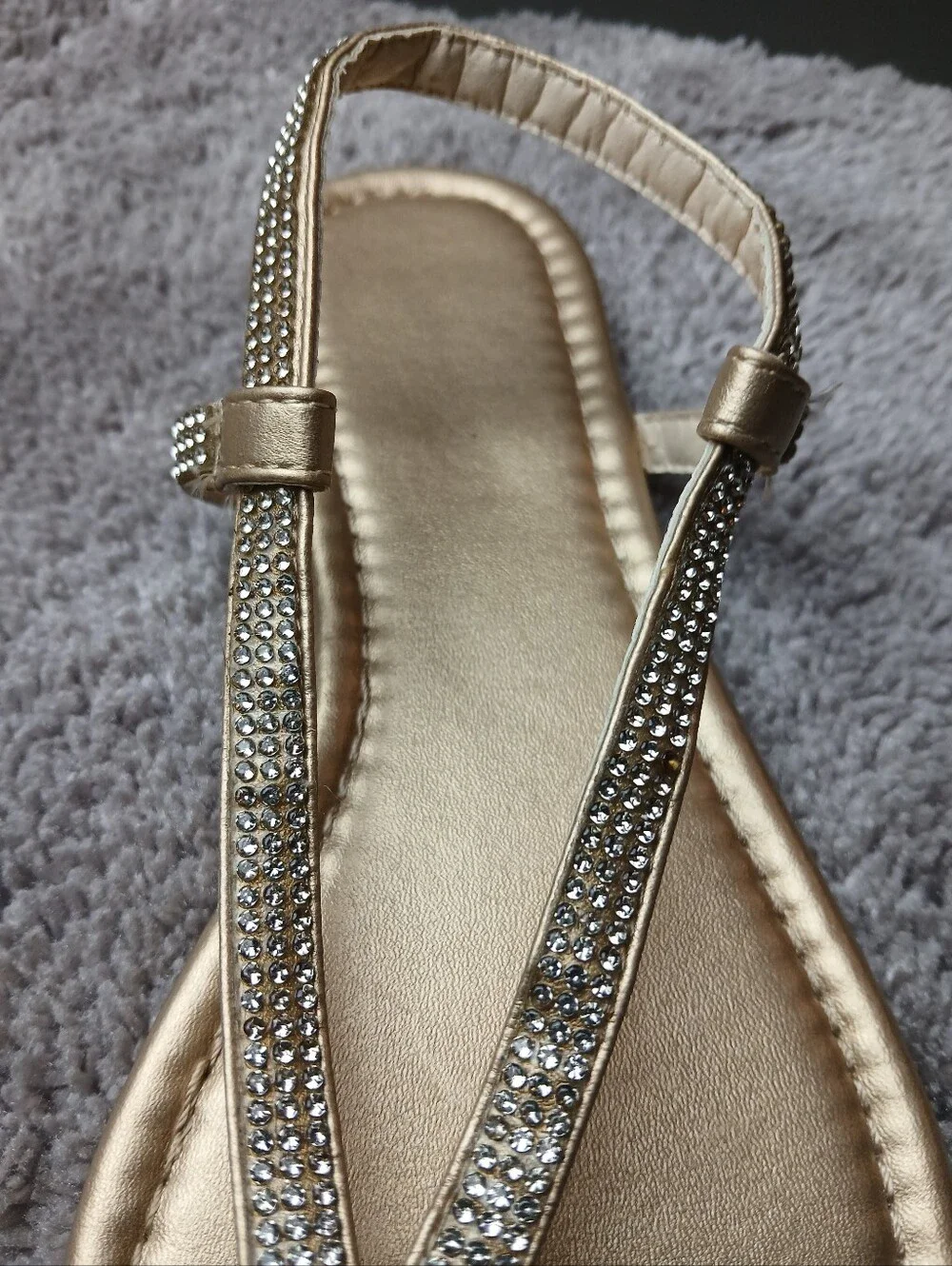 Metallic Gold Rhinestone T-Strap Slingback Flat Sandals 9